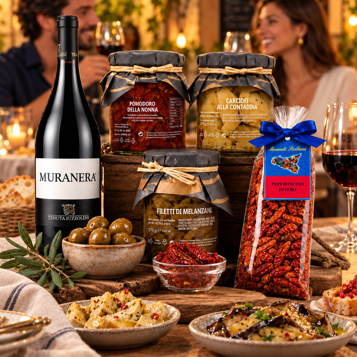 Italienisches Antipasti-Paket mit Muranera Rotwein – Italienische Tischatmosphäre mit Gästen