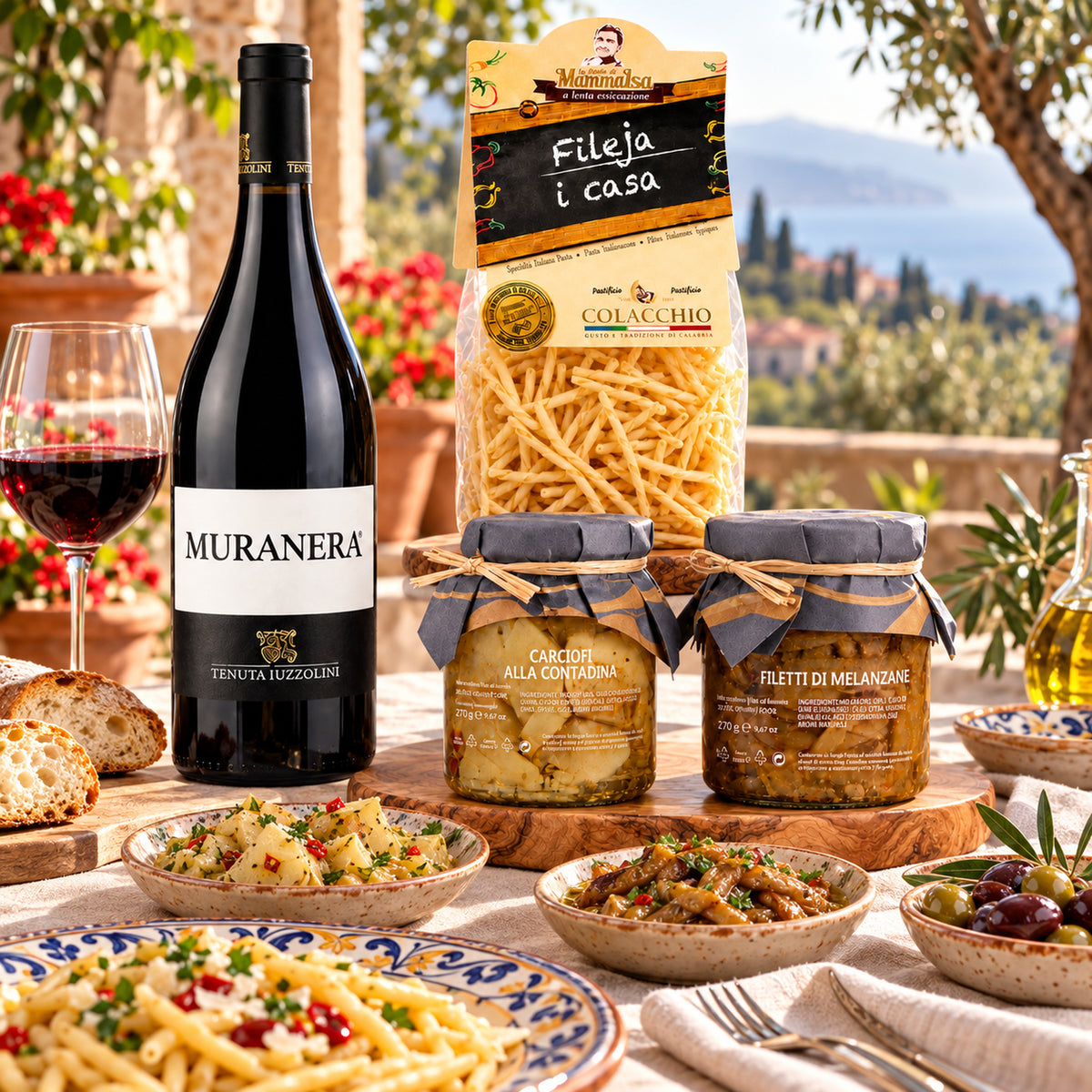 Italienisches Genuss Paket Calabria – Pasta, Antipasti & Muranera Wein – Serviervorschlag auf einer italienischen Terrasse