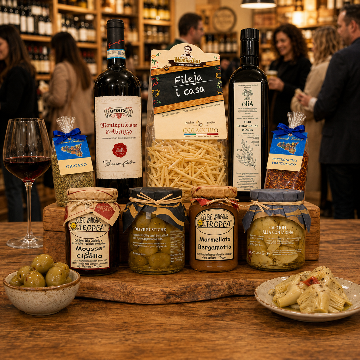 Inhalt des italienischen Weihnachts-Geschenkkorbs mit neun Produkten