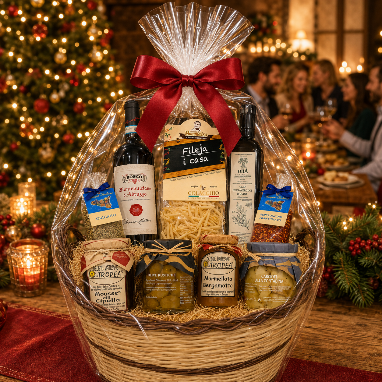 Großer italienischer Weihnachts-Geschenkkorb mit Wein, Olivenöl und Feinkost