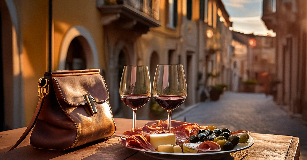 Italienische Ledertasche, Rotwein und Antipasti auf einem Holztisch in einer sonnigen italienischen Gasse – Symbol für Stil, Genuss und italienische Lebensart.