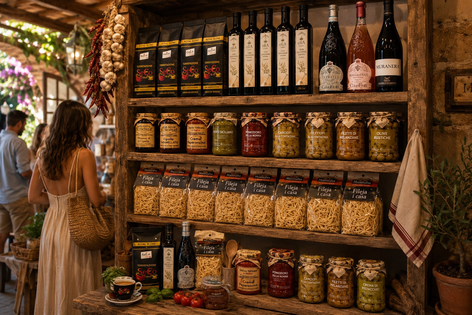 Italienische Feinkost Boutique mit Kaffee, Olivenöl, Wein, Pasta und sizilianischen Spezialitäten