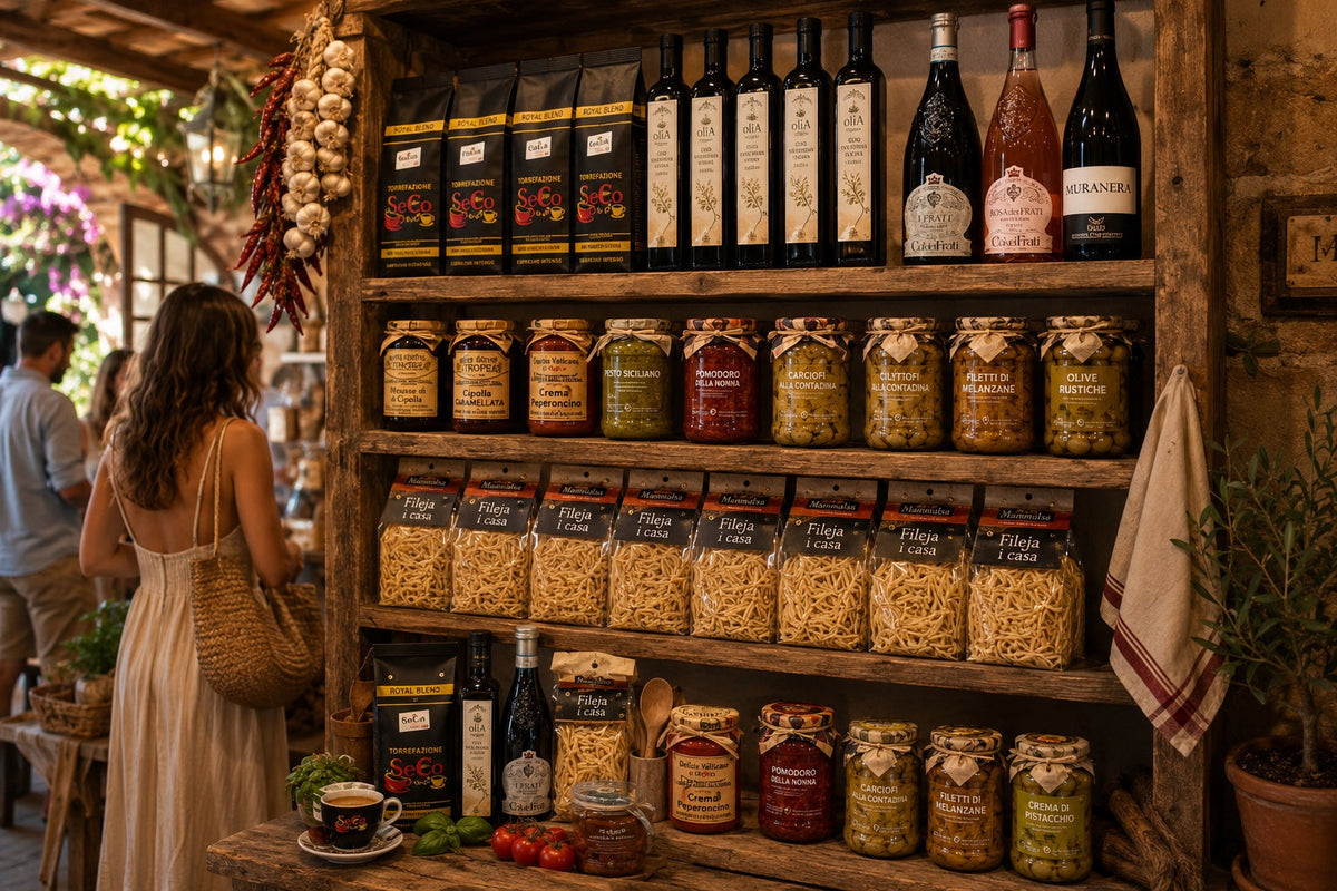 Italienische Feinkost Boutique mit Kaffee, Olivenöl, Wein, Pasta und sizilianischen Spezialitäten