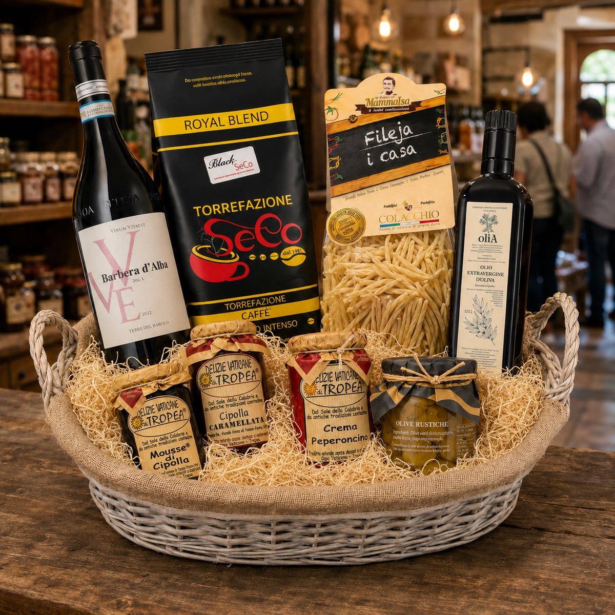 Italienischer Geschenkkorb mit Wein, Espresso & Feinkost – Barbera d’Alba