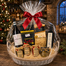 Italienischer Weihnachts-Geschenkkorb mit Fileja Pasta, Wein, Espresso und Feinkost in transparenter Folie