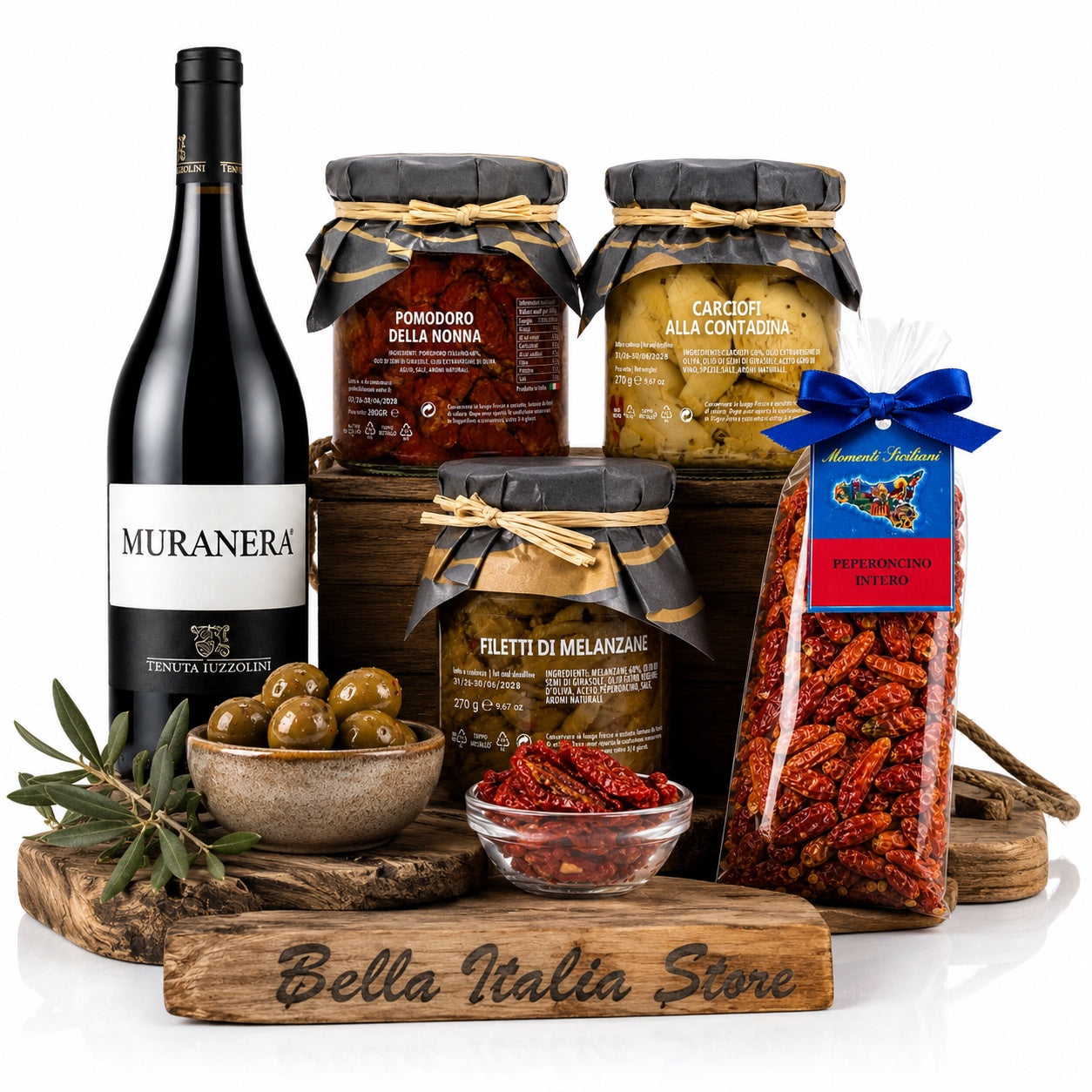 Italienisches Antipasti-Paket mit Muranera Rotwein, Gemüse in Öl, Oliven und Peperoncino