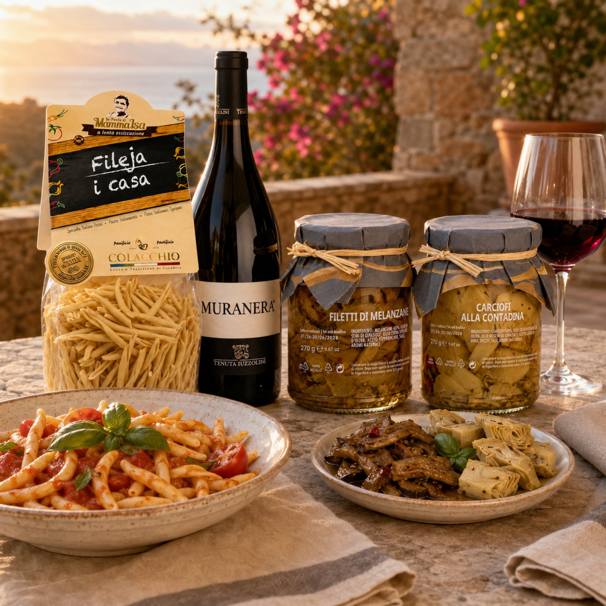 Fileja Pasta mit Muranera Rotwein, Auberginen und Artischocken als italienischer Genussabend