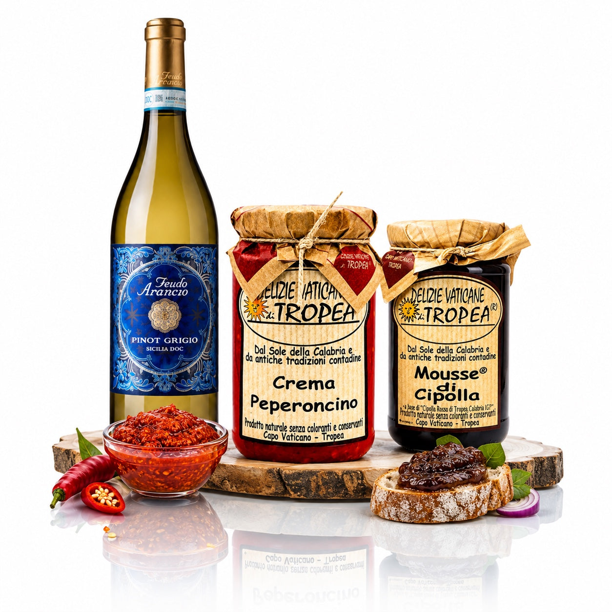 Italienisches Genuss-Paket mit Feudo Arancio Pinot Grigio, Crema di Peperoncino und Mousse di Cipolla