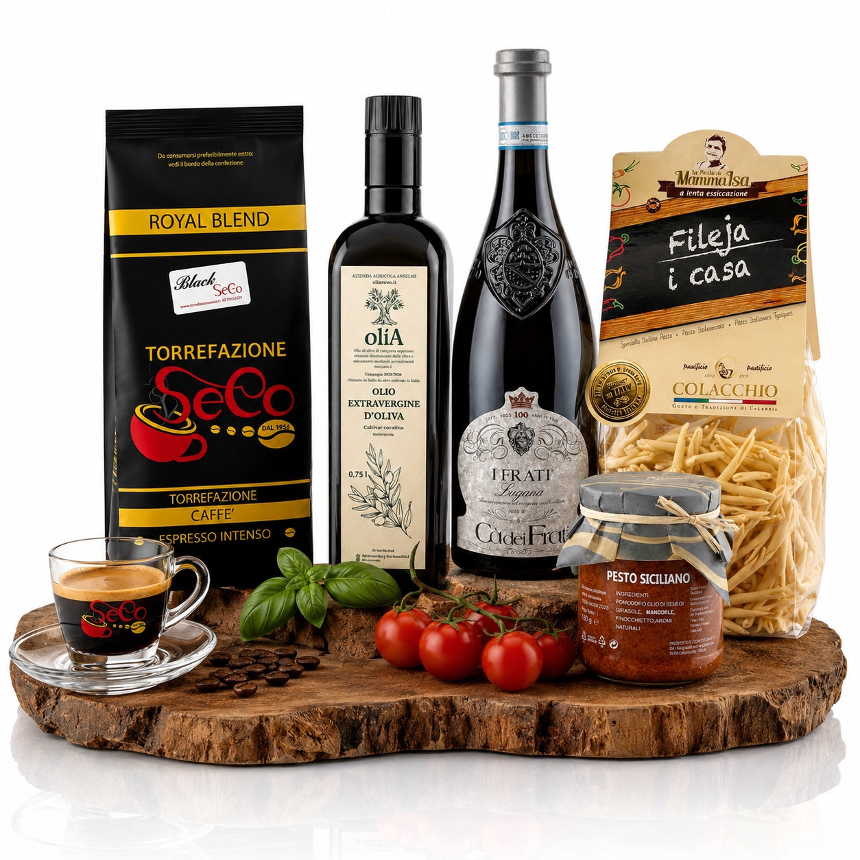 Italienisches Genusspaket La Dolce Vita mit Espresso, Olivenöl, Lugana, Fileja Pasta und Pesto Siciliano