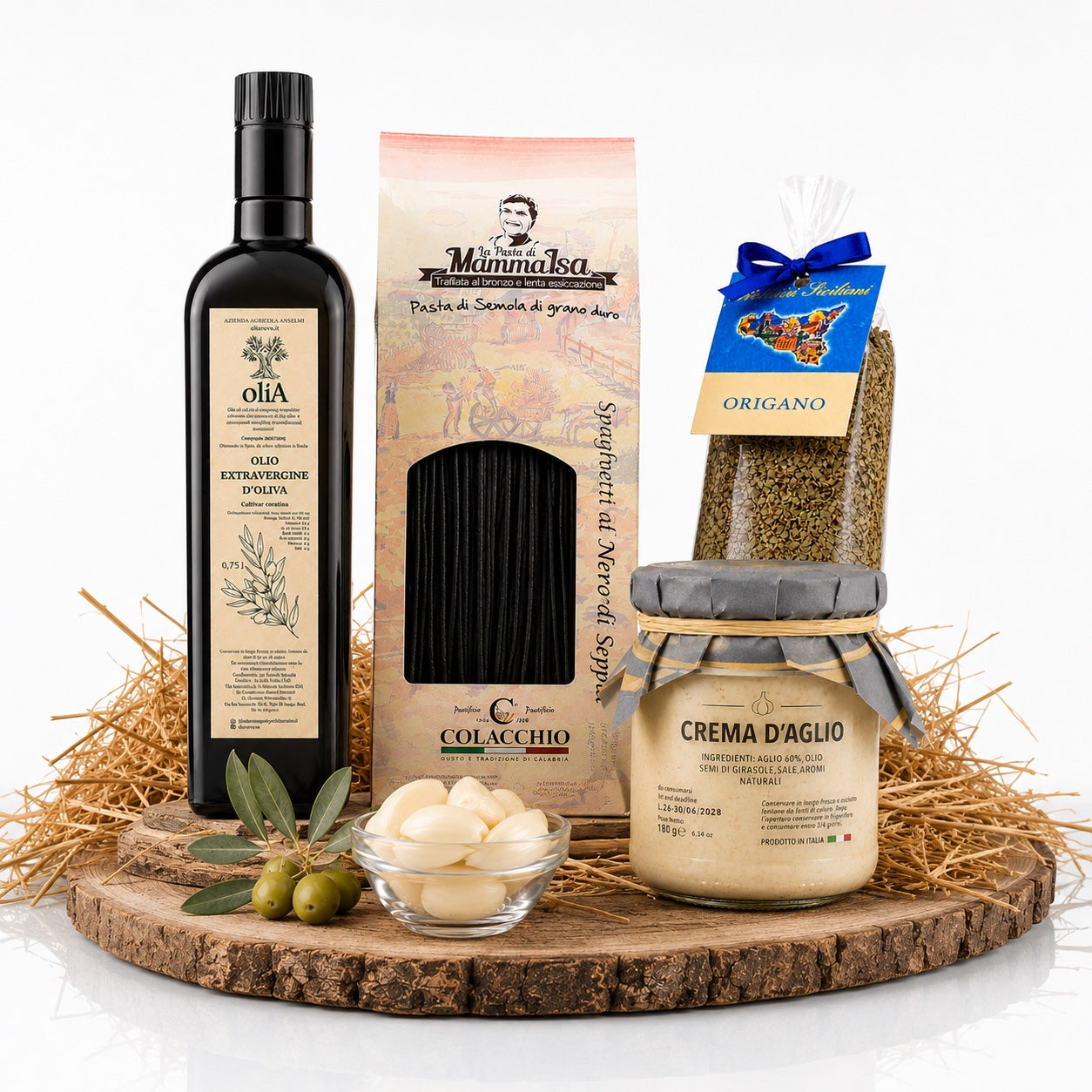 Italienisches Gourmet Paket mit Bio Olivenöl, schwarzen Spaghetti, Knoblauchcreme und sizilianischem Oregano