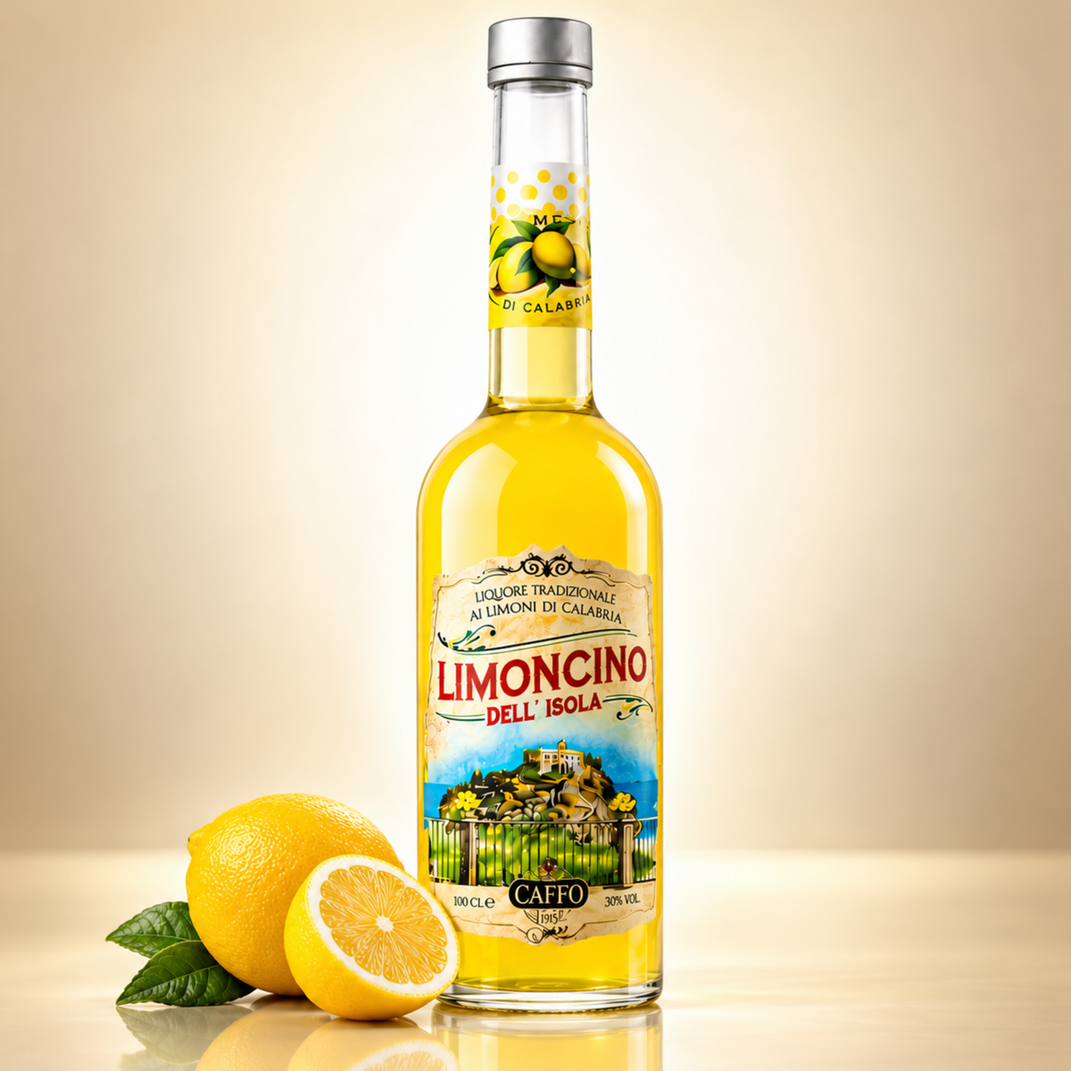 Limoncino dell’Isola – Natürlicher Zitronenlikör aus Kalabrien – 700 ml – Flasche auf cremefarbenem Hintergrund mit Zitronen und Spiegelung