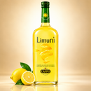 Limunì Limoncello del Sud – Zitronenlikör aus Kalabrien – 700 ml – Flasche auf cremefarbenem Hintergrund mit Zitronen und Spiegelung