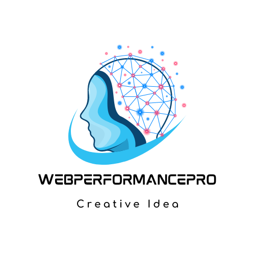 Logo von WebPerformancePro, eine Marketingfirma, dargestellt durch ein Profil eines Kopfes mit einem Netzwerk von Verbindungen, symbolisierend kreative Ideen und digitale Performance.