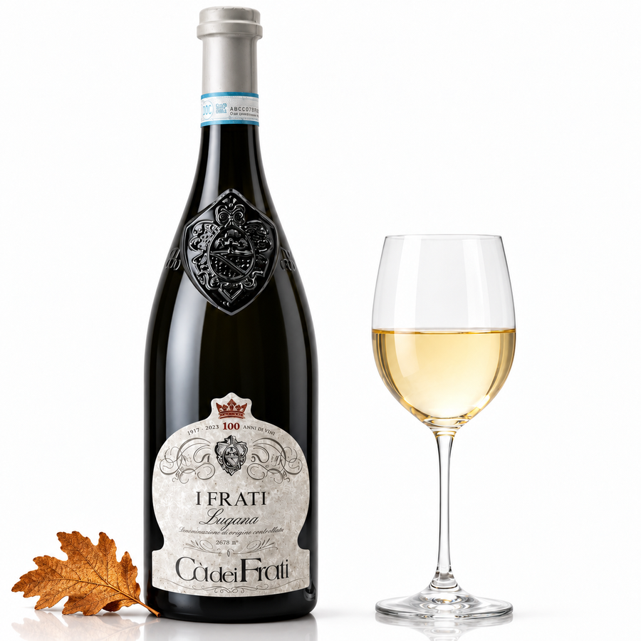Lugana Cà dei Frati DOC 2025 Weißwein mit Weinglas und herbstlichem Eichenblatt