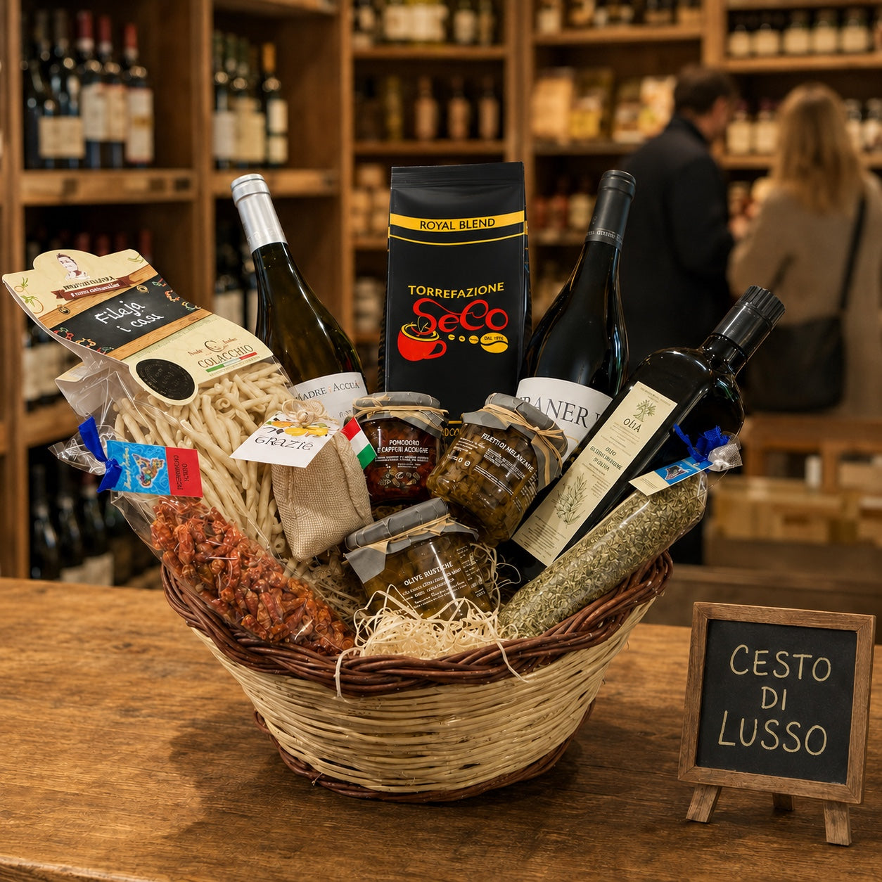 Luxus Geschenkkorb Italien mit Rotwein, Weißwein, Kaffee, Pasta und Antipasti