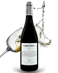Madre Goccia 2023 red wine bottle jumping out of ocean waves – elegant Italian wine packaging with dynamic water splash – premium product photography for online wine store