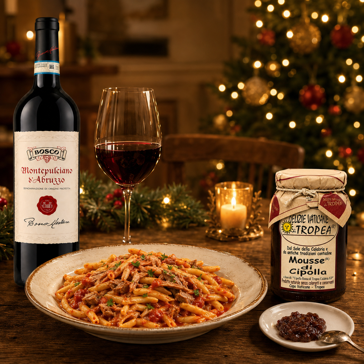Montepulciano Rotwein mit Fileja Pasta und Mousse di Cipolla zu Weihnachten