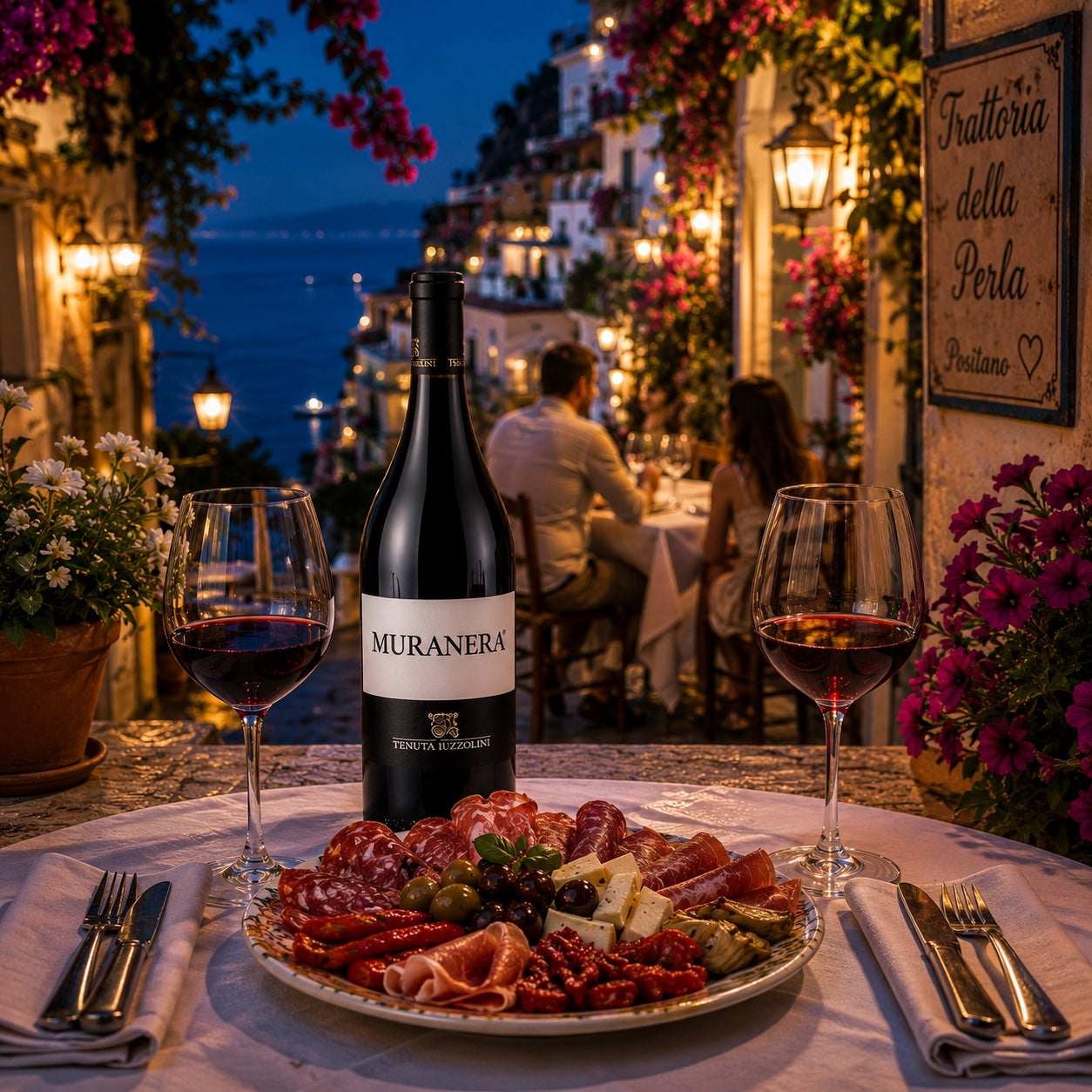 Muranera Rotwein mit italienischer Antipasti-Platte in mediterraner Abendstimmung