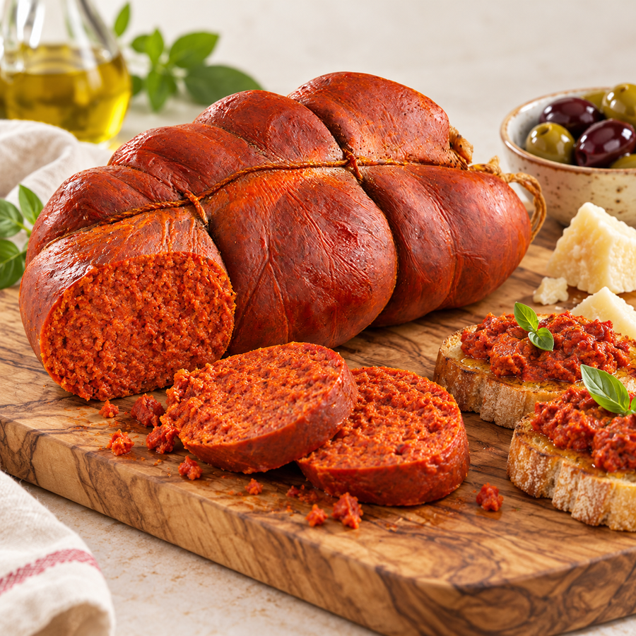 ’Nduja di Spilinga 500 g mit Bruschetta, Oliven und Käse – Serviervorschlag.
