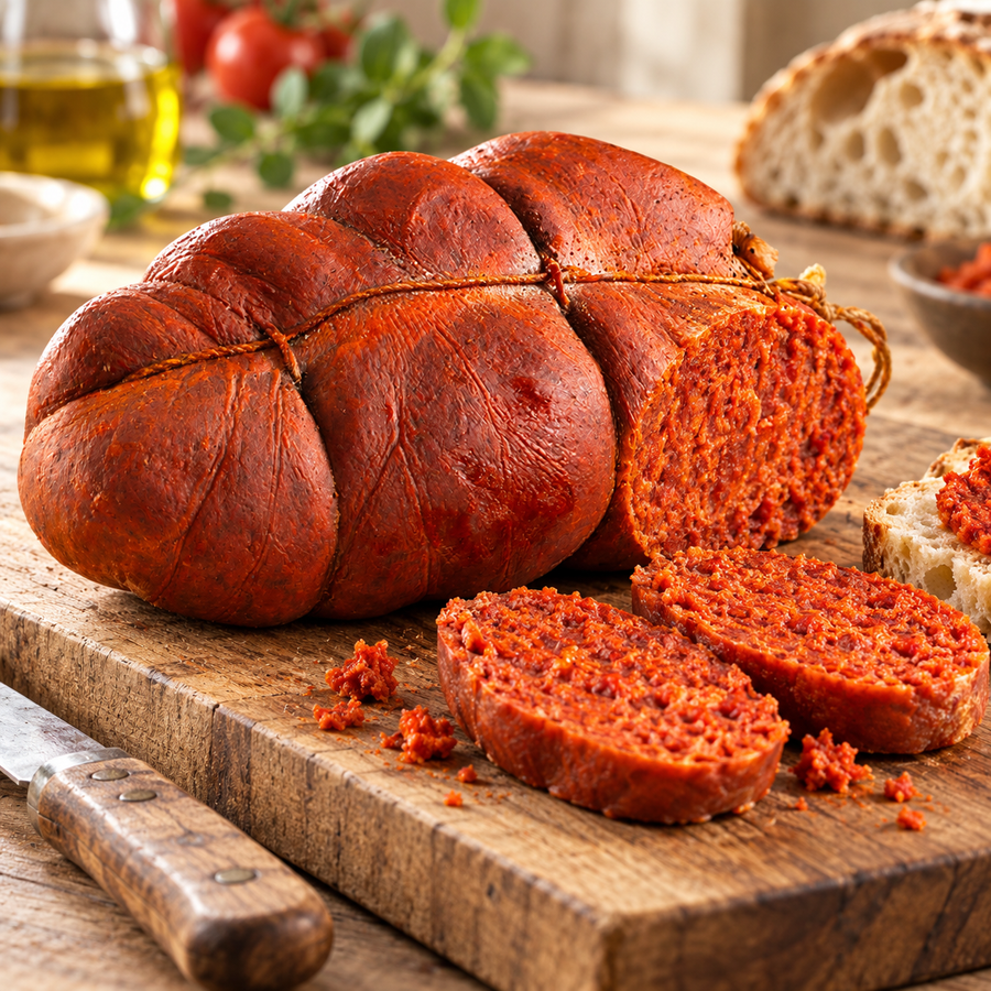 ’Nduja di Spilinga 500 g mit Scheiben auf einem rustikalen Holzbrett – illustrative Präsentation.