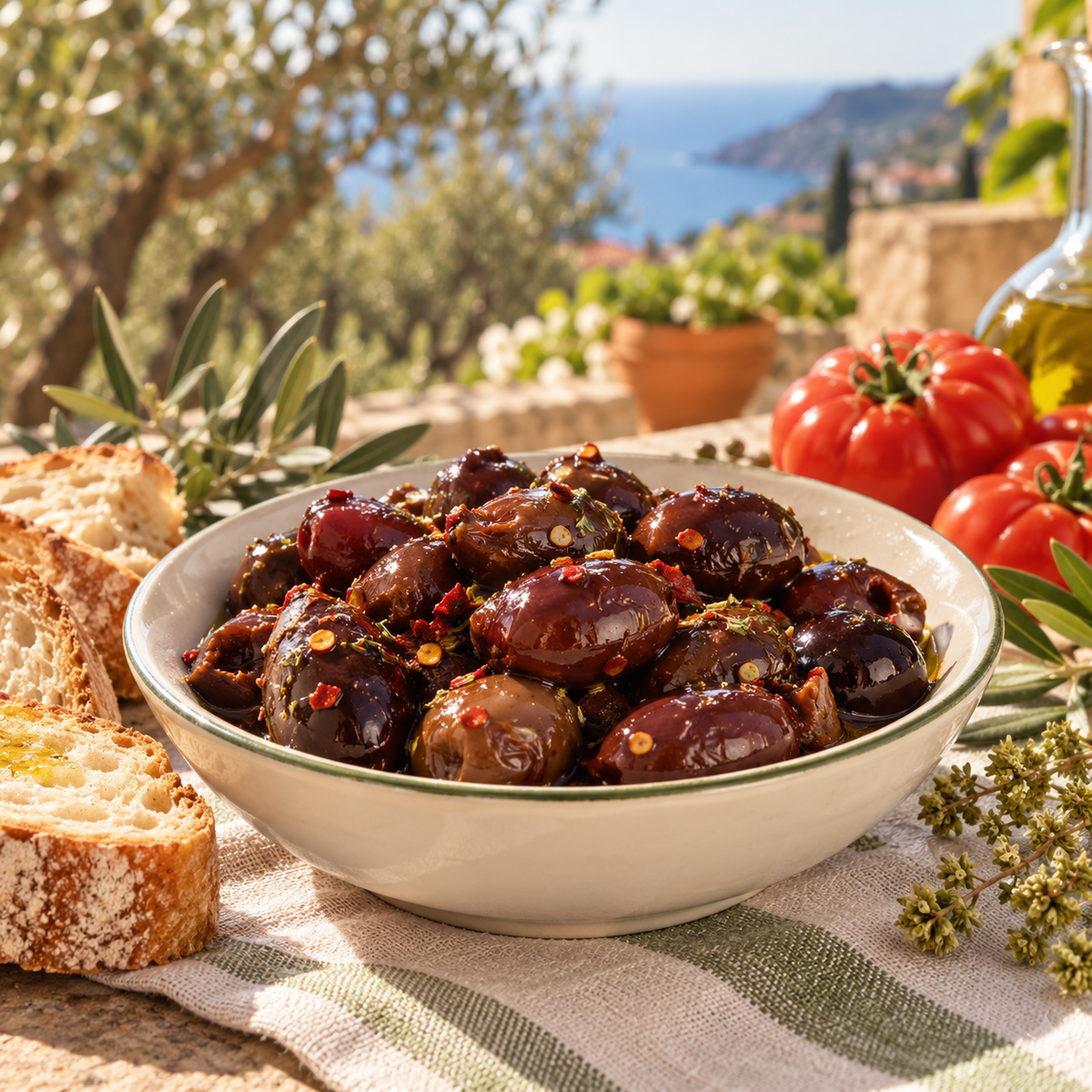Nostrarella Piccante – Pikante schwarze Oliven, 300 g – Mediterraner Aperitivo – Serviervorschlag
