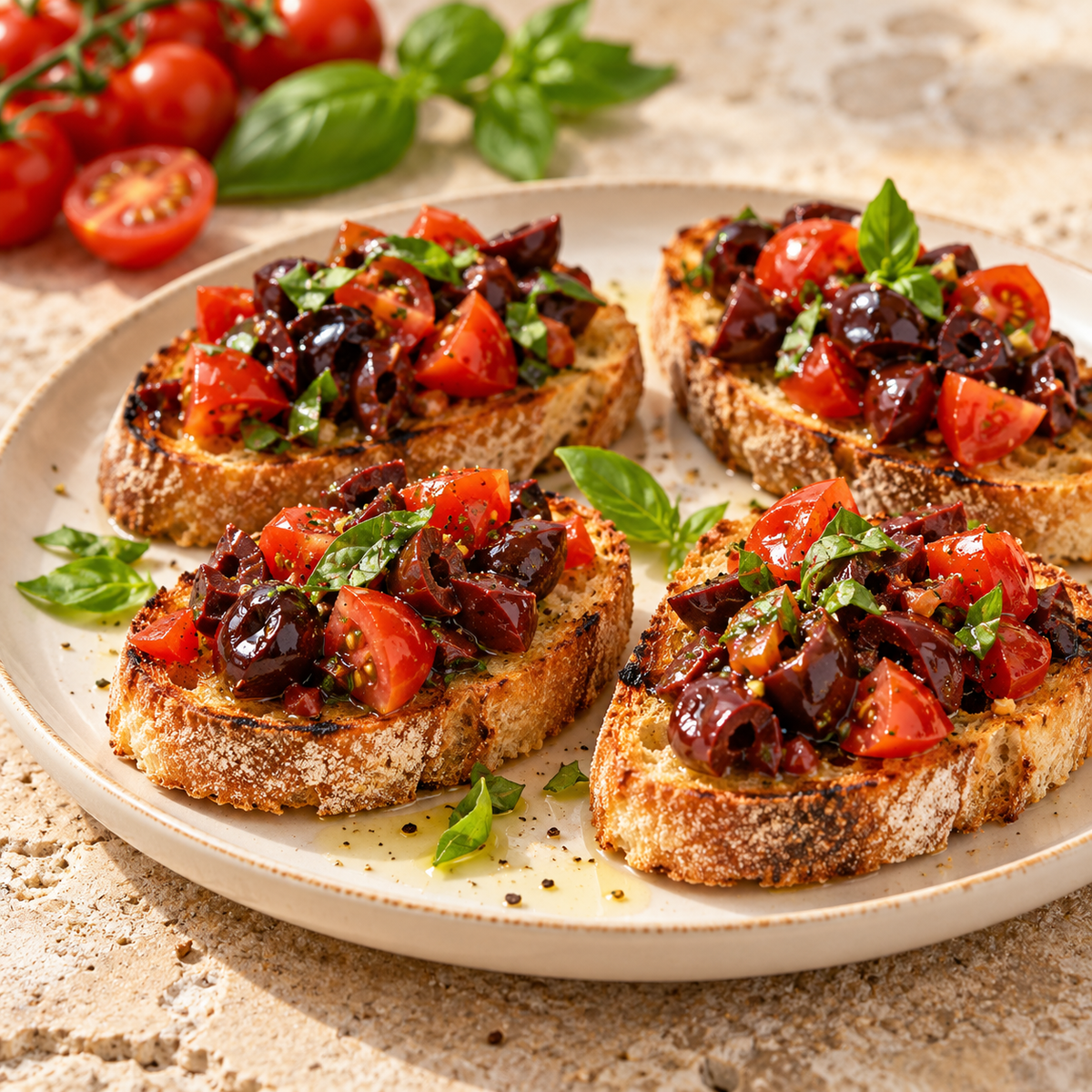 Nostrarella Piccante – Pikante schwarze Oliven, 300 g – Bruschetta mit schwarzen Oliven und Tomaten – Rezeptidee