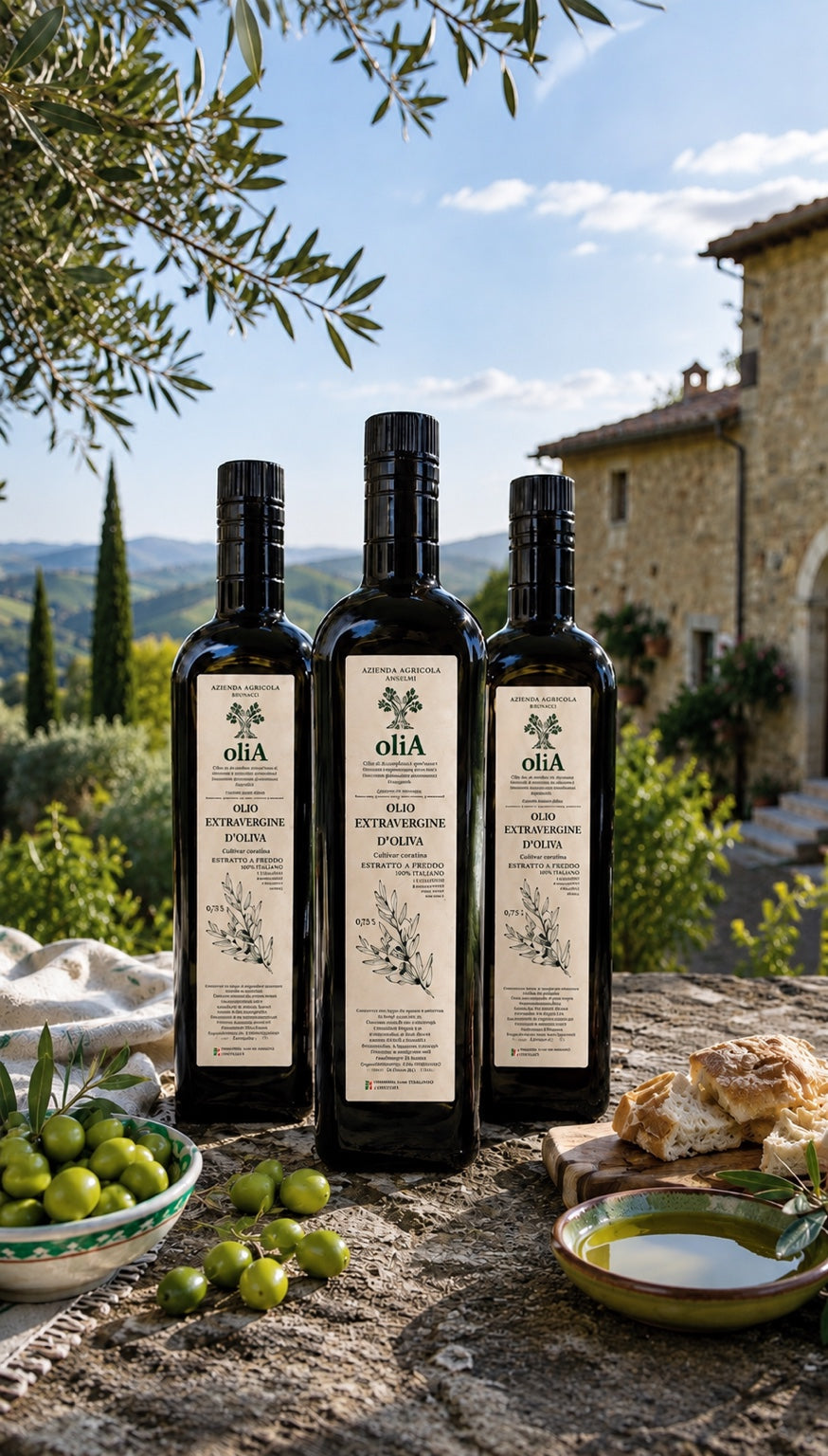 OLiA Olio Extravergine d’Oliva 750 ml vor einer mediterranen Landschaft in Italien