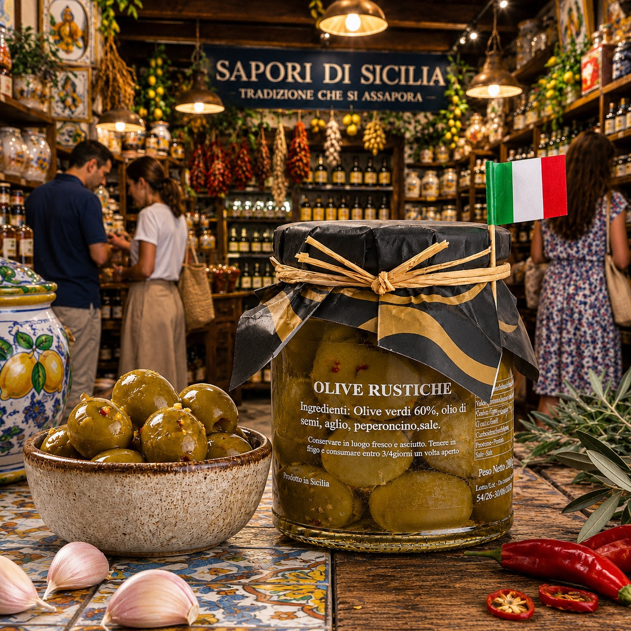 Olive Rustiche – würzige grüne Oliven für den italienischen Feinkost Geschenkkorb