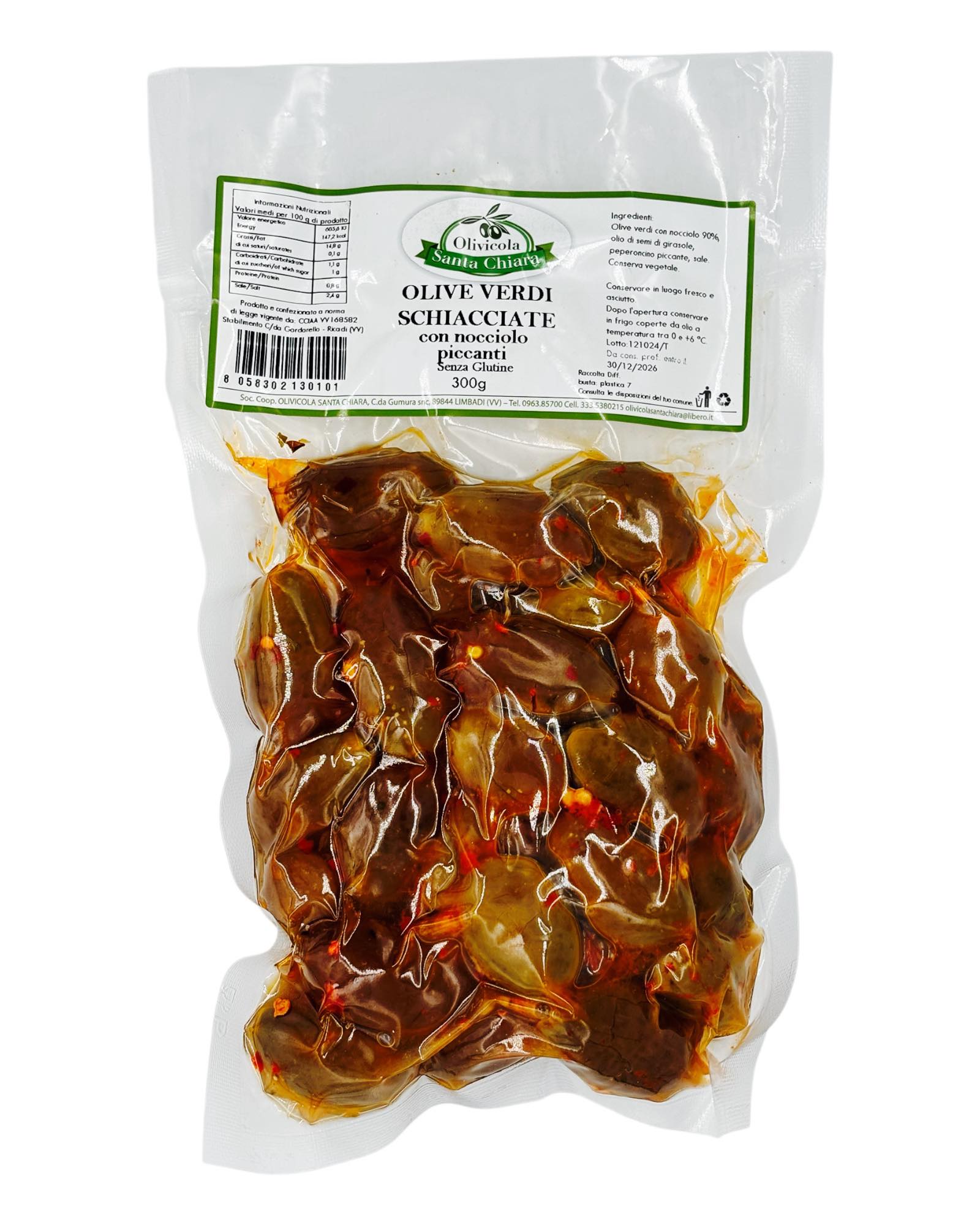 Olive Verdi Schiacciate Piccanti – Grüne Oliven mit Kern, 300g