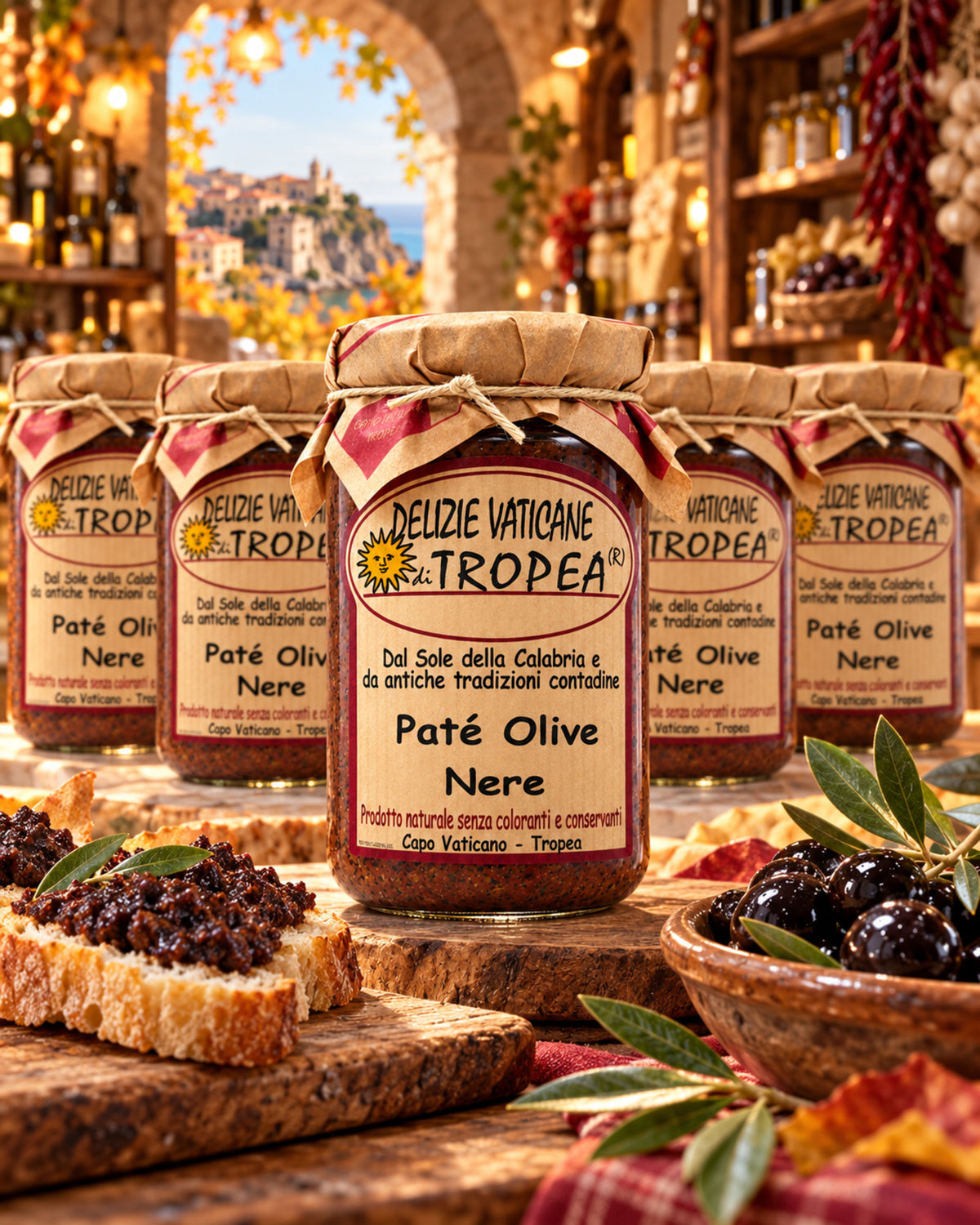 Mehrere Gläser Paté di Olive Nere in einer italienischen Feinkostboutique im Herbst