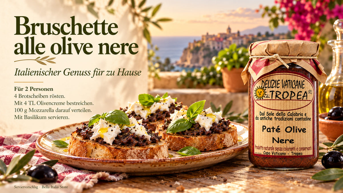 Rezept Bruschette alle olive nere für zwei Personen mit schwarzer Olivencreme, Mozzarella und Basilikum
