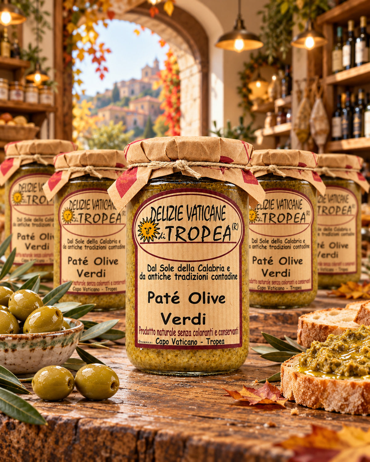Paté di Olive Verdi von Delizie Vaticane di Tropea – mehrere Gläser in einer italienischen Feinkostboutique im Herbst