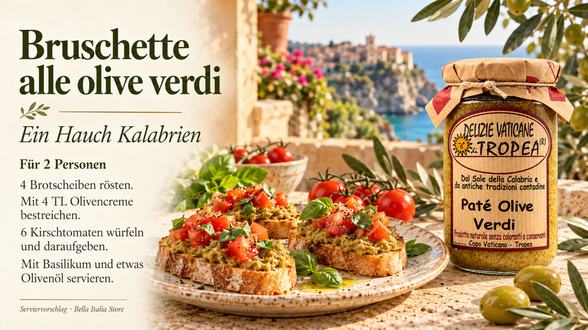 Rezeptidee Bruschette alle olive verdi für zwei Personen mit grüner Olivencreme, Kirschtomaten und Basilikum