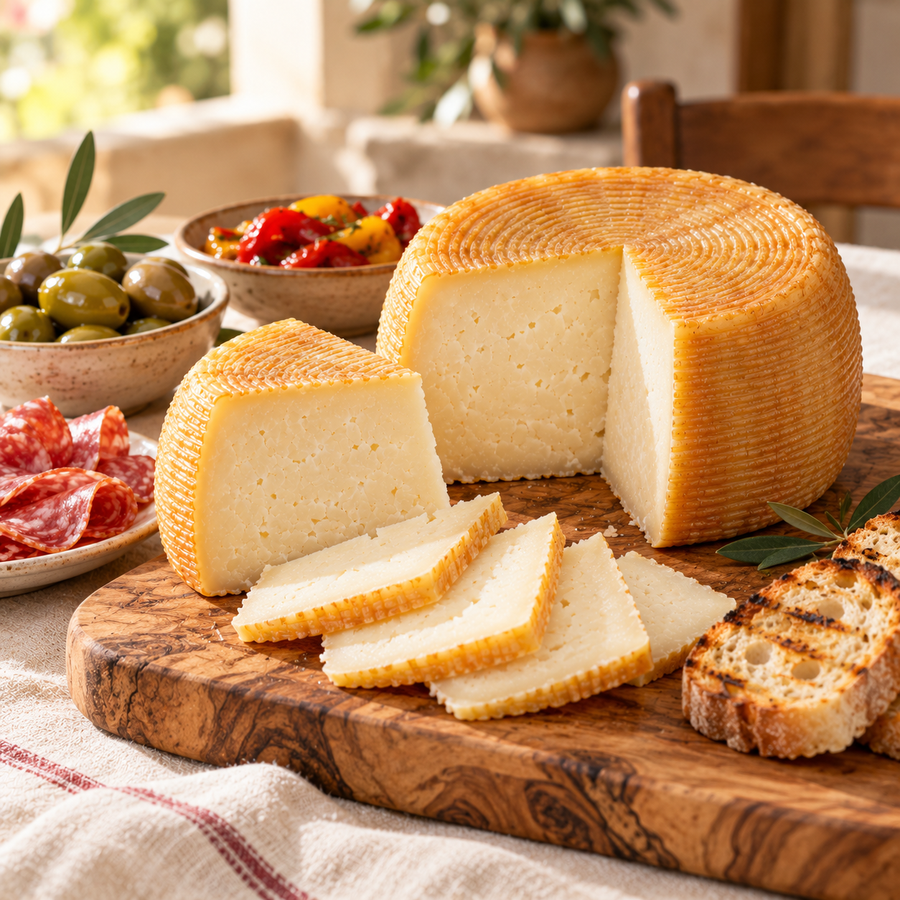 Pecorino Calabrese auf einem Antipasti-Brett mit Oliven, Salami und Brot – Serviervorschlag.