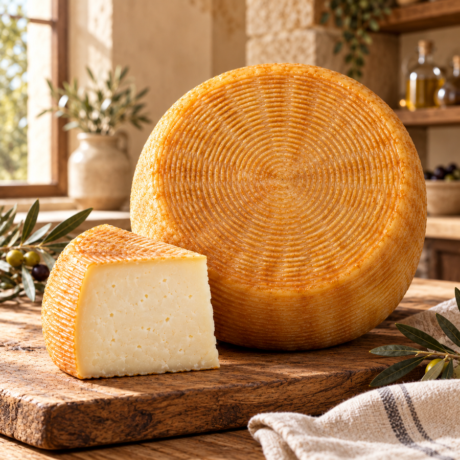 Pecorino Calabrese auf einer Holztheke in einem rustikalen Feinkostladen – illustrative Präsentation.