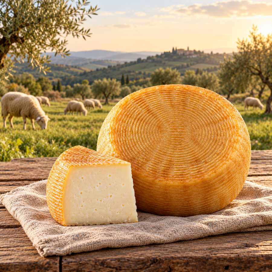 Pecorino Calabrese vor einer Weide mit Schafen – KI-generierte Symbolszene.
