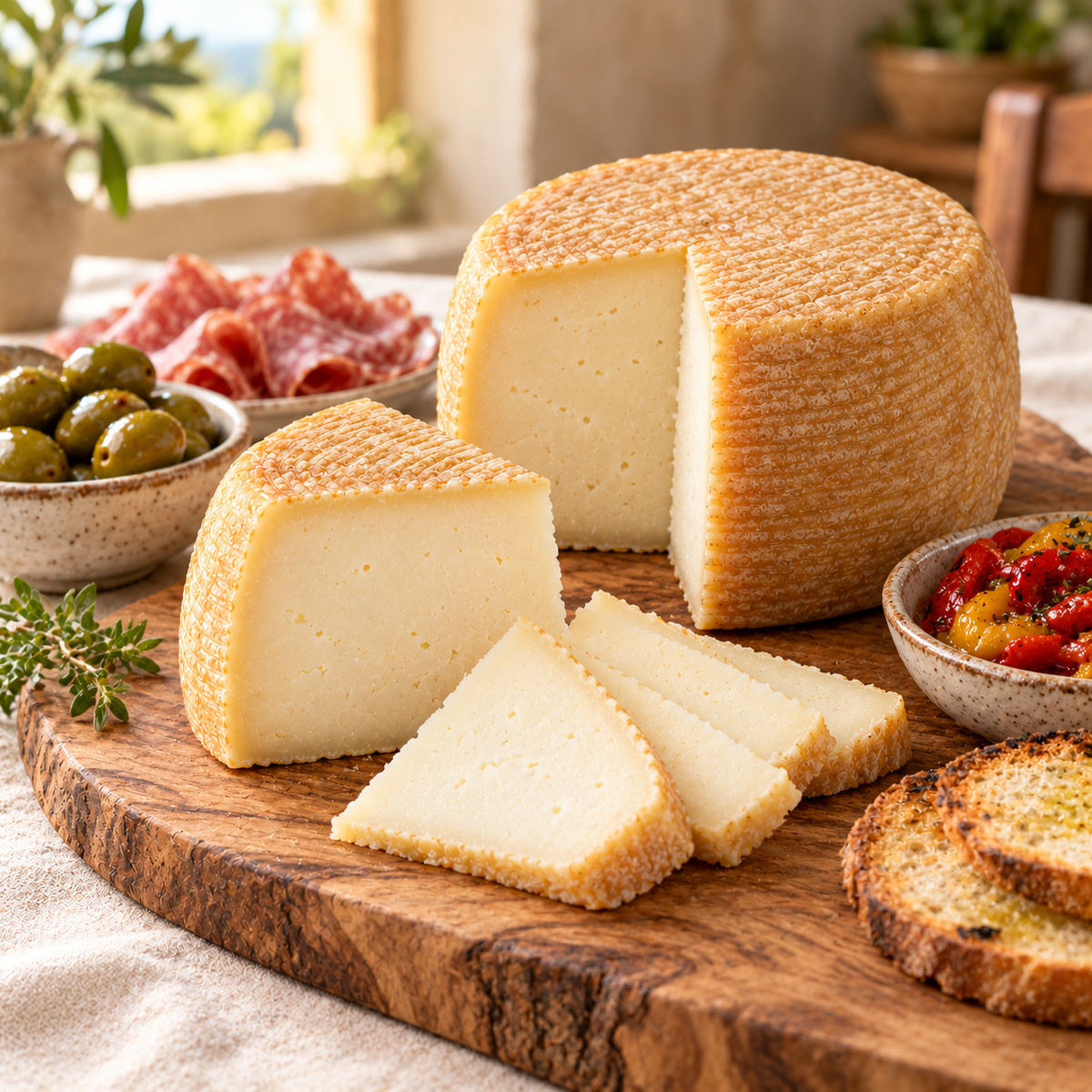 Pecorino alla Cipolla Rossa di Tropea auf einem Antipasti-Brett mit Oliven, Salami und Brot – Serviervorschlag.