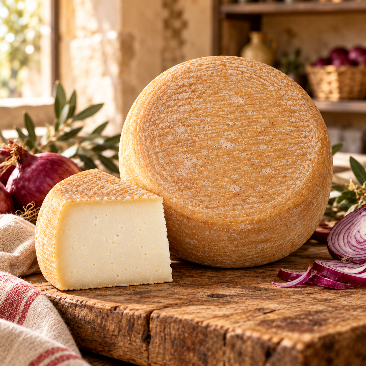 Pecorino alla Cipolla Rossa di Tropea auf einer Holztheke in einem rustikalen Feinkostladen – illustrative Präsentation.