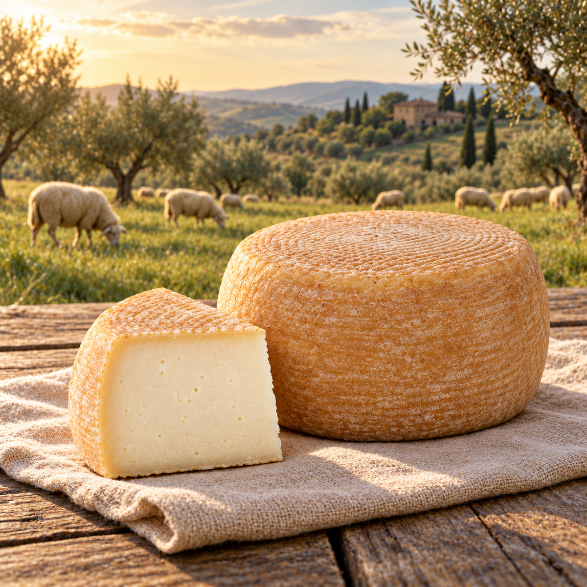Pecorino alla Cipolla Rossa di Tropea vor einer Weide mit Schafen – KI-generierte Symbolszene.