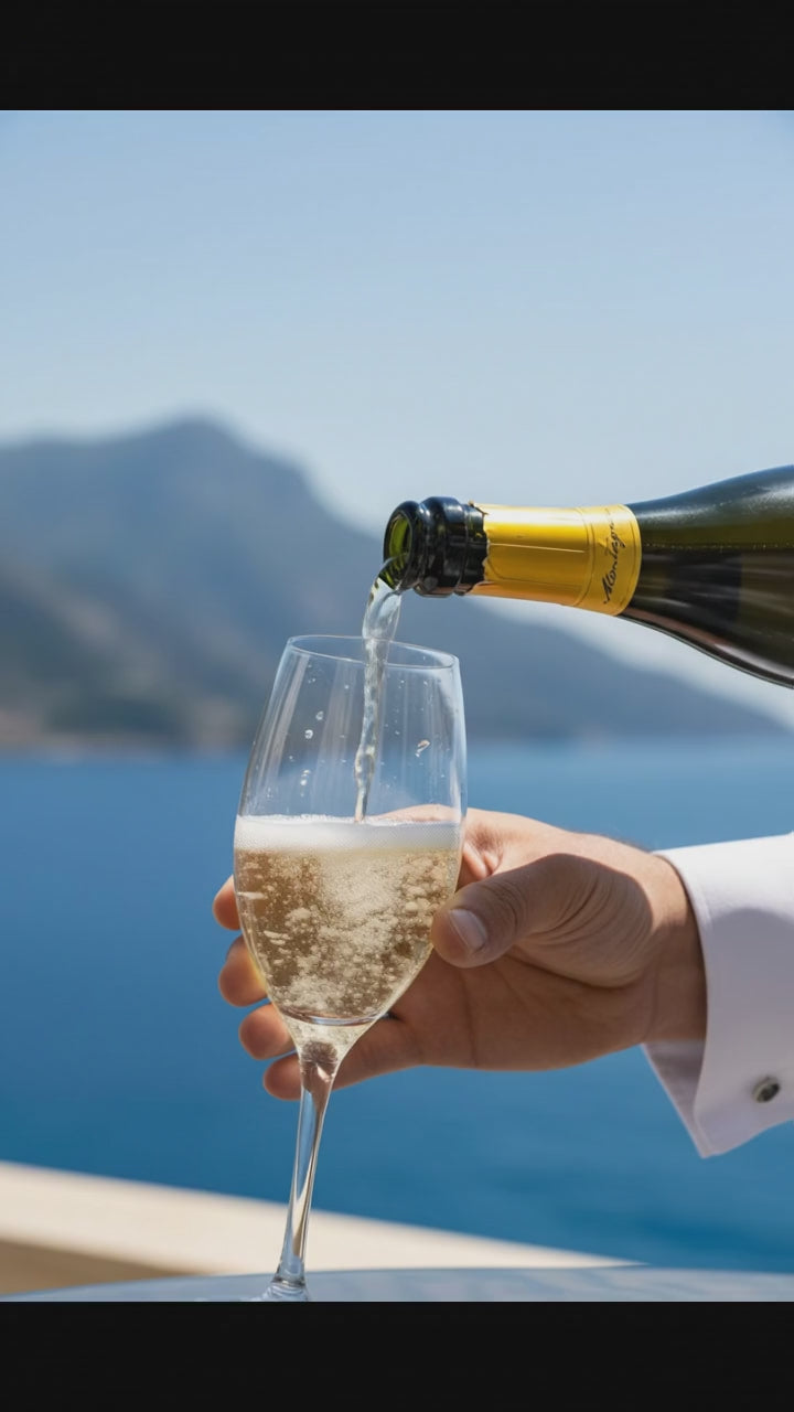 Prosecco wird in ein Glas eingeschenkt auf Terrasse mit Meerblick und Bergen im Hintergrund