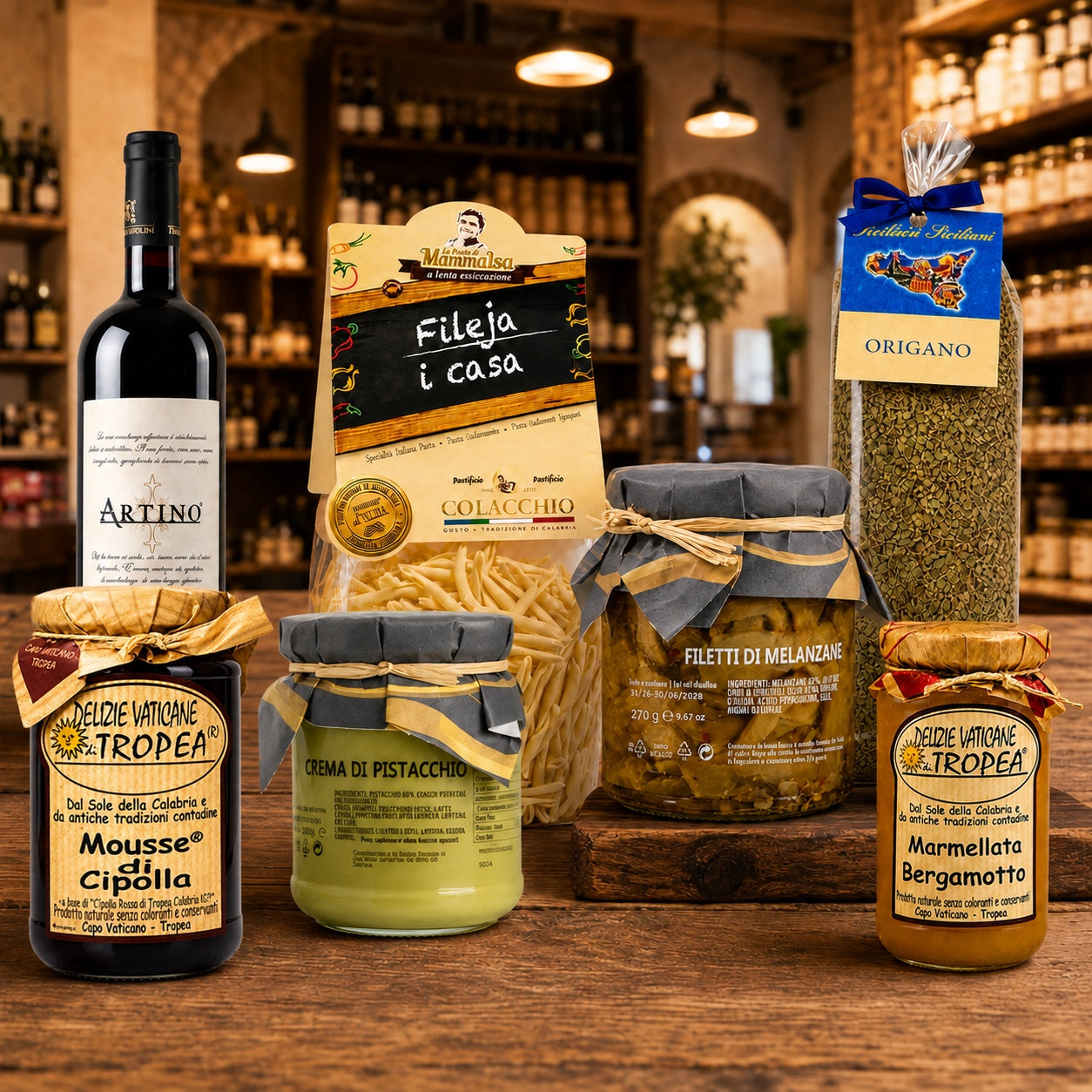 Inhalt des italienischen Geschenkkorbs mit Artino Wein, Fileja Pasta und Delikatessen