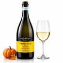 Prosecco Treviso Vino Frizzante DOC Montagner mit Proseccoglas und kleinem Herbstkürbis