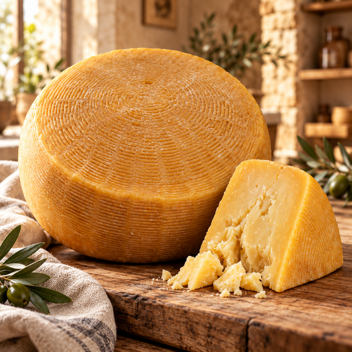 Pecorino Riserva auf einer Holztheke in einem rustikalen Feinkostladen – illustrative Präsentation.