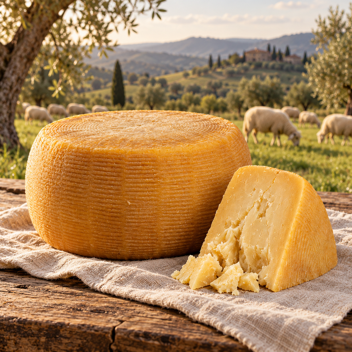 Pecorino Riserva vor einer Weide mit Schafen – KI-generierte Symbolszene.