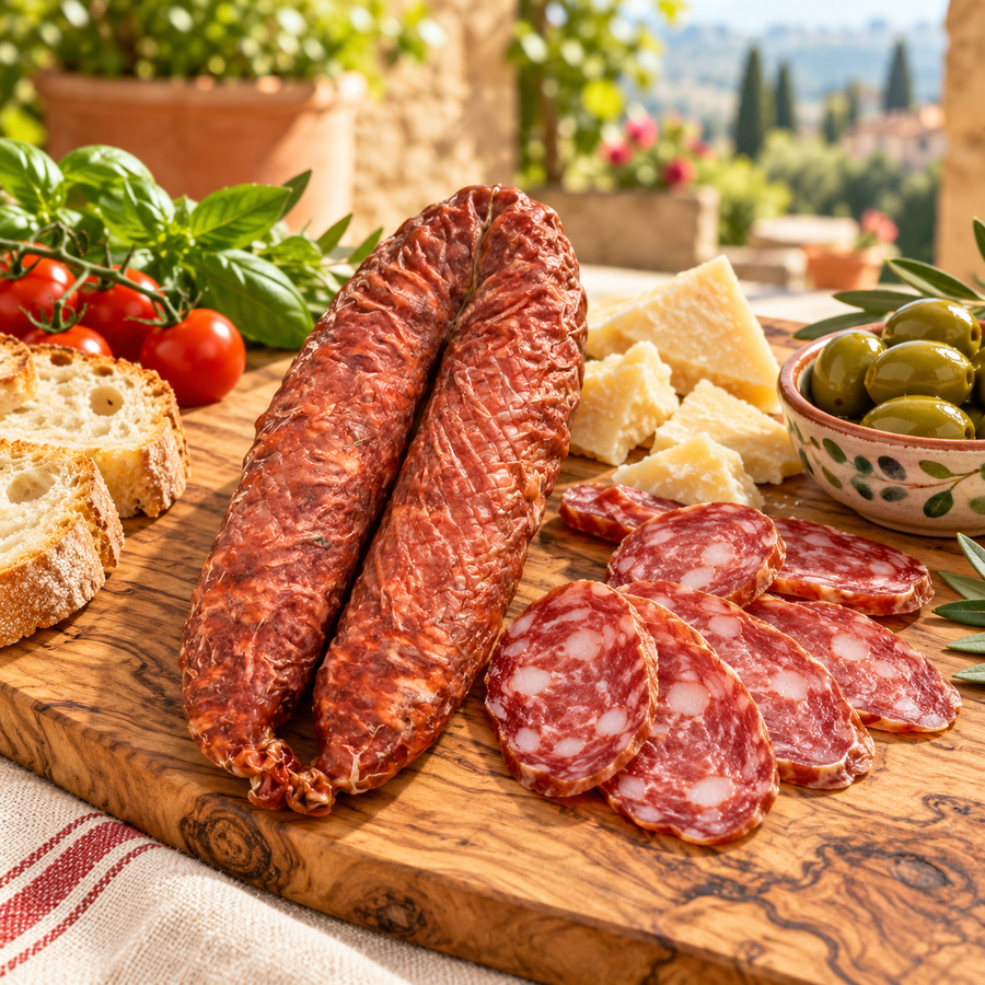 Kalabrische Schweinesalami mild – 300 g als italienische Antipasti mit Brot, Oliven und Käse – Serviervorschlag.
