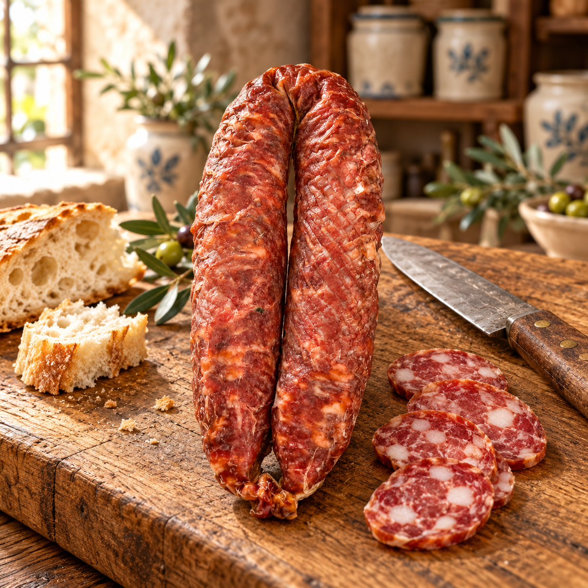 Kalabrische Schweinesalami mild – 300 g auf Holz in einer rustikalen italienischen Salumeria – illustrative Präsentation.