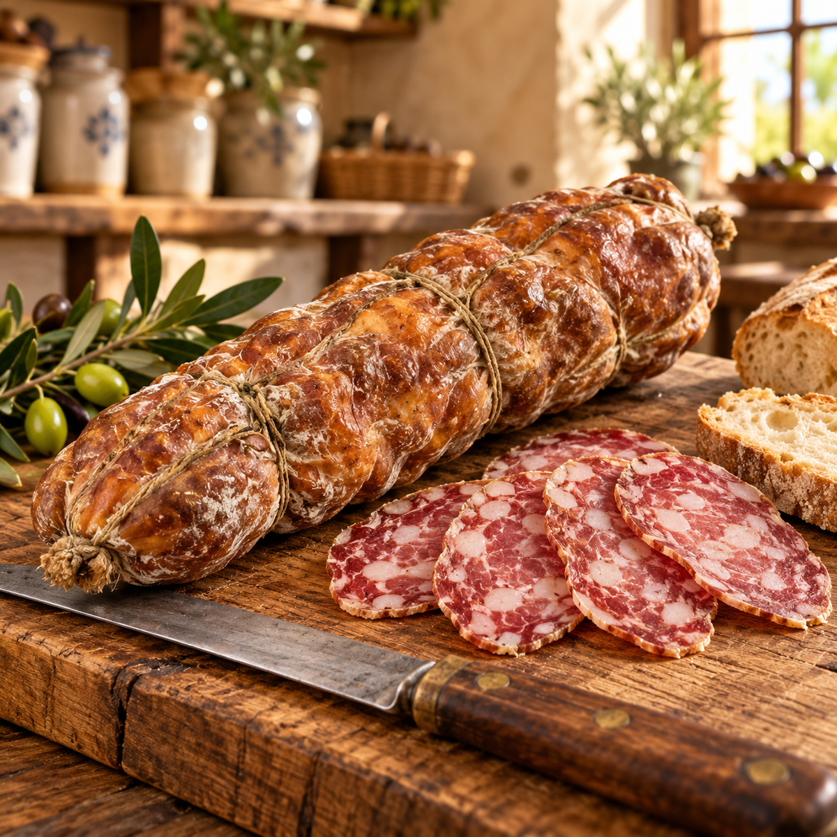 Kalabrische Schweinesalami mild – 500 g auf Holz in einer rustikalen italienischen Salumeria – illustrative Präsentation.