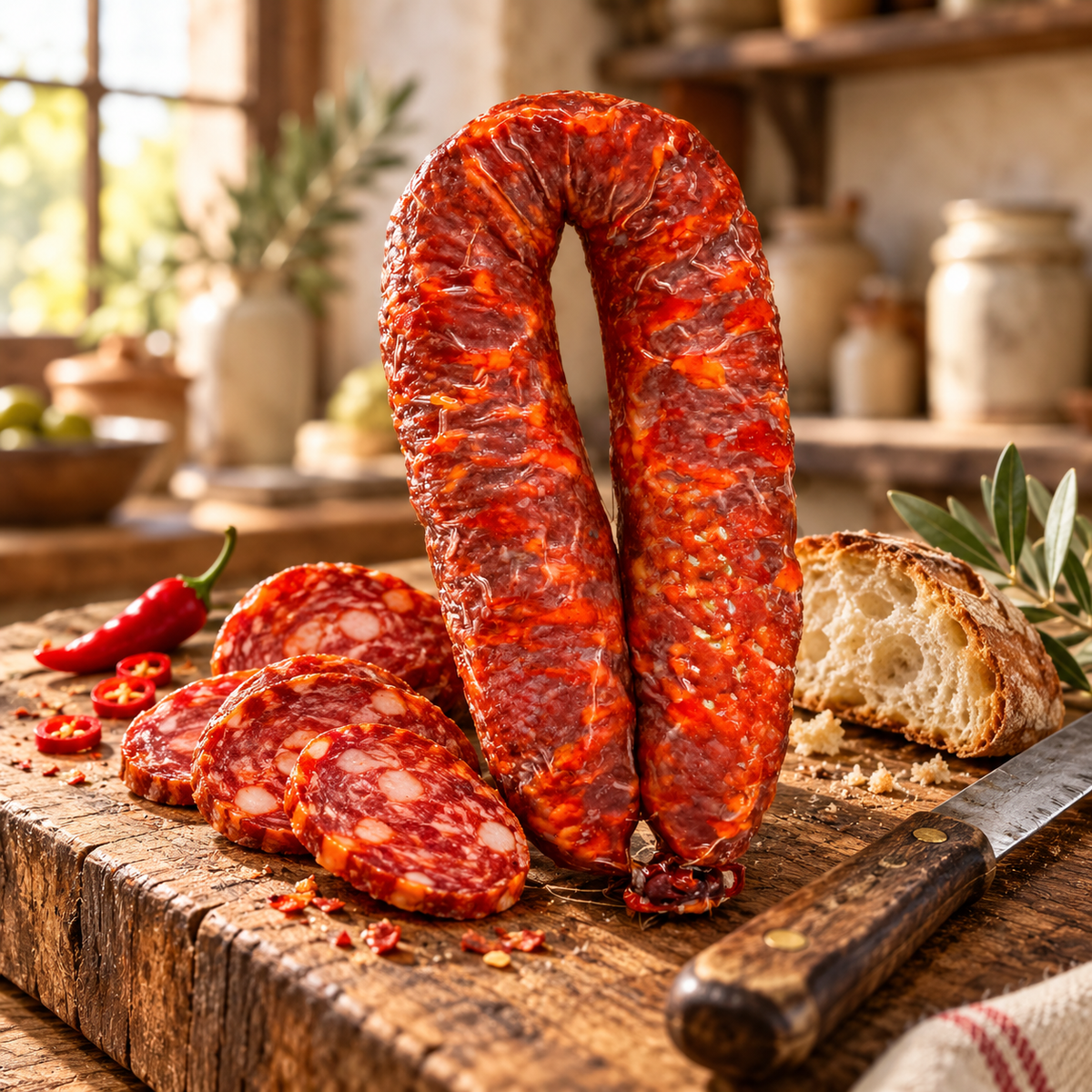 Kalabrische Schweinesalami scharf 300 g auf Holz in einer rustikalen italienischen Salumeria – illustrative Präsentation.