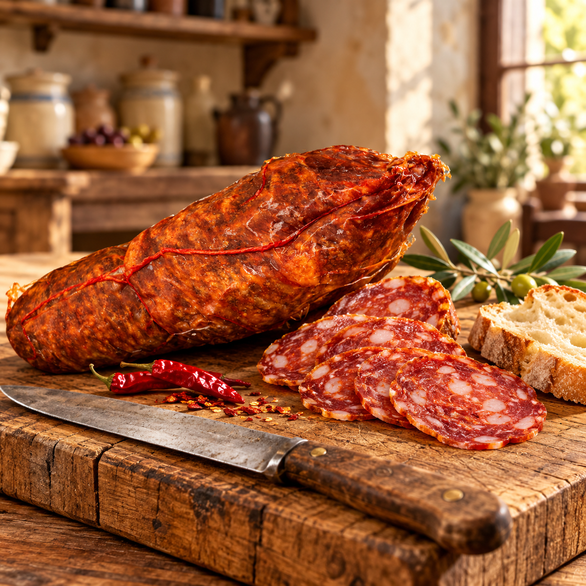 Kalabrische Schweinesalami scharf – 500 g auf Holz in einer rustikalen italienischen Salumeria – illustrative Präsentation.