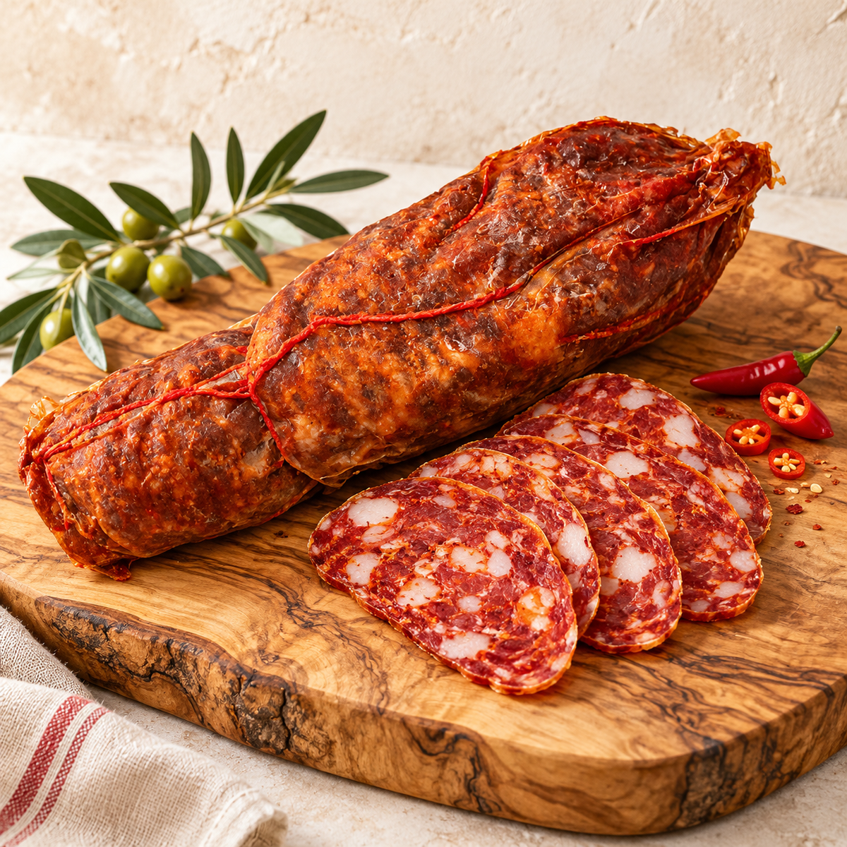Kalabrische Schweinesalami scharf – 500 g auf einem rustikalen Holzbrett – illustrative Produktpräsentation.
